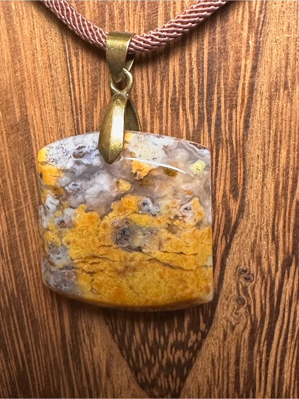 Unique Square Yellow Jasper Pendant Necklace on Brown Rope - Picture 10 of 14